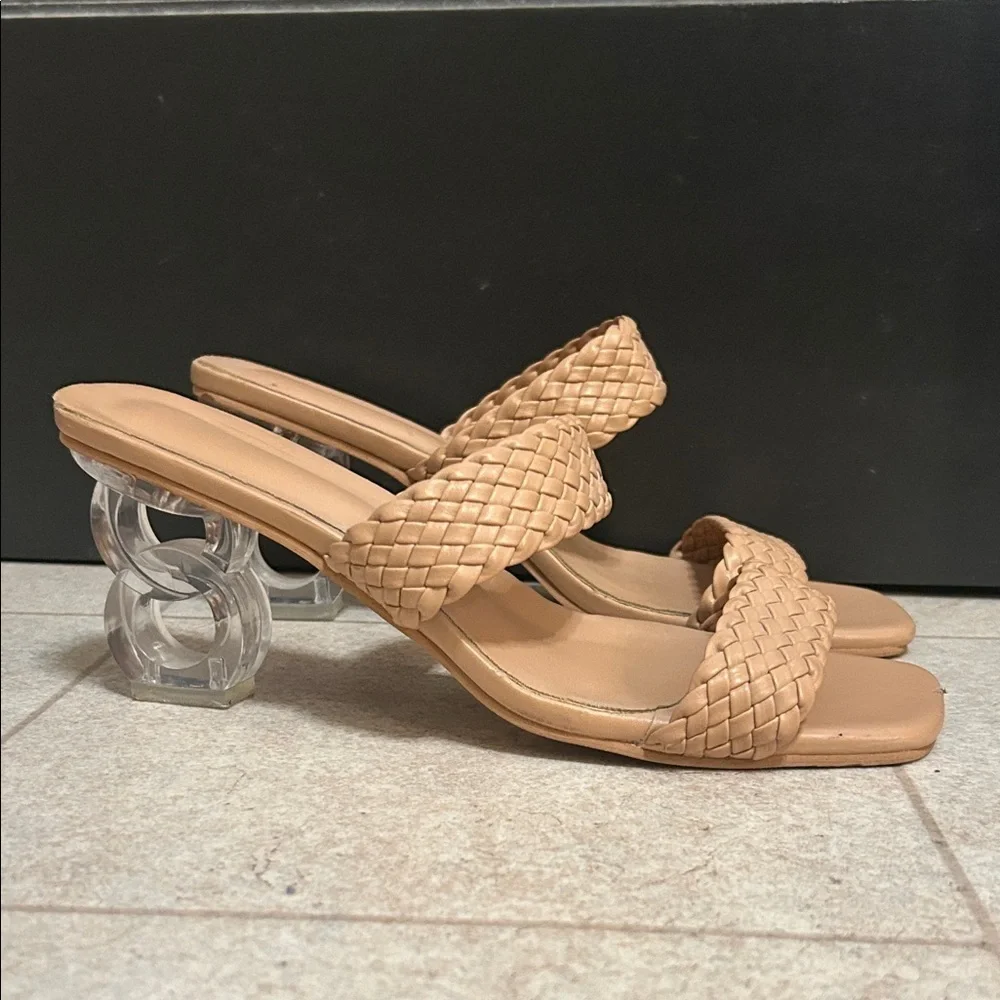 Elegant Tan Woven Heeled Sandals - Picture 2 of 2